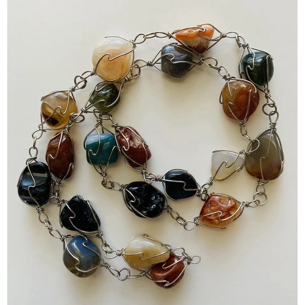 Vintage 33 Inch Artisan Wire-Wrapped Gemstone Cage Necklace Boho Festival Earthy